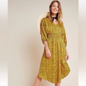 Vguc Anthropologie Marigold Midi Dress Floral Yellow Puff Sleeve Smocked XS